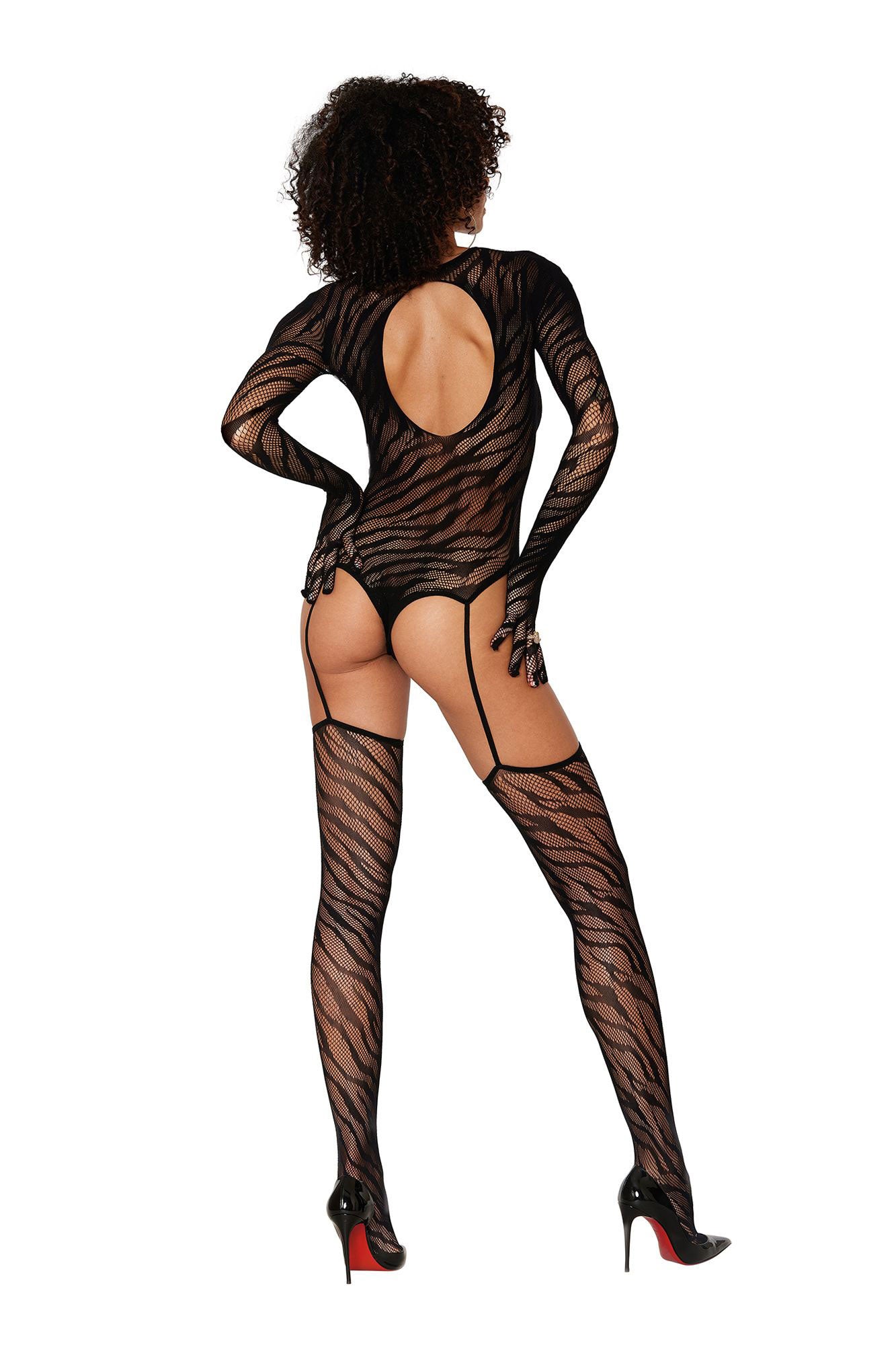 Teddy Bodystocking With Fingered Gloves - Size - Black