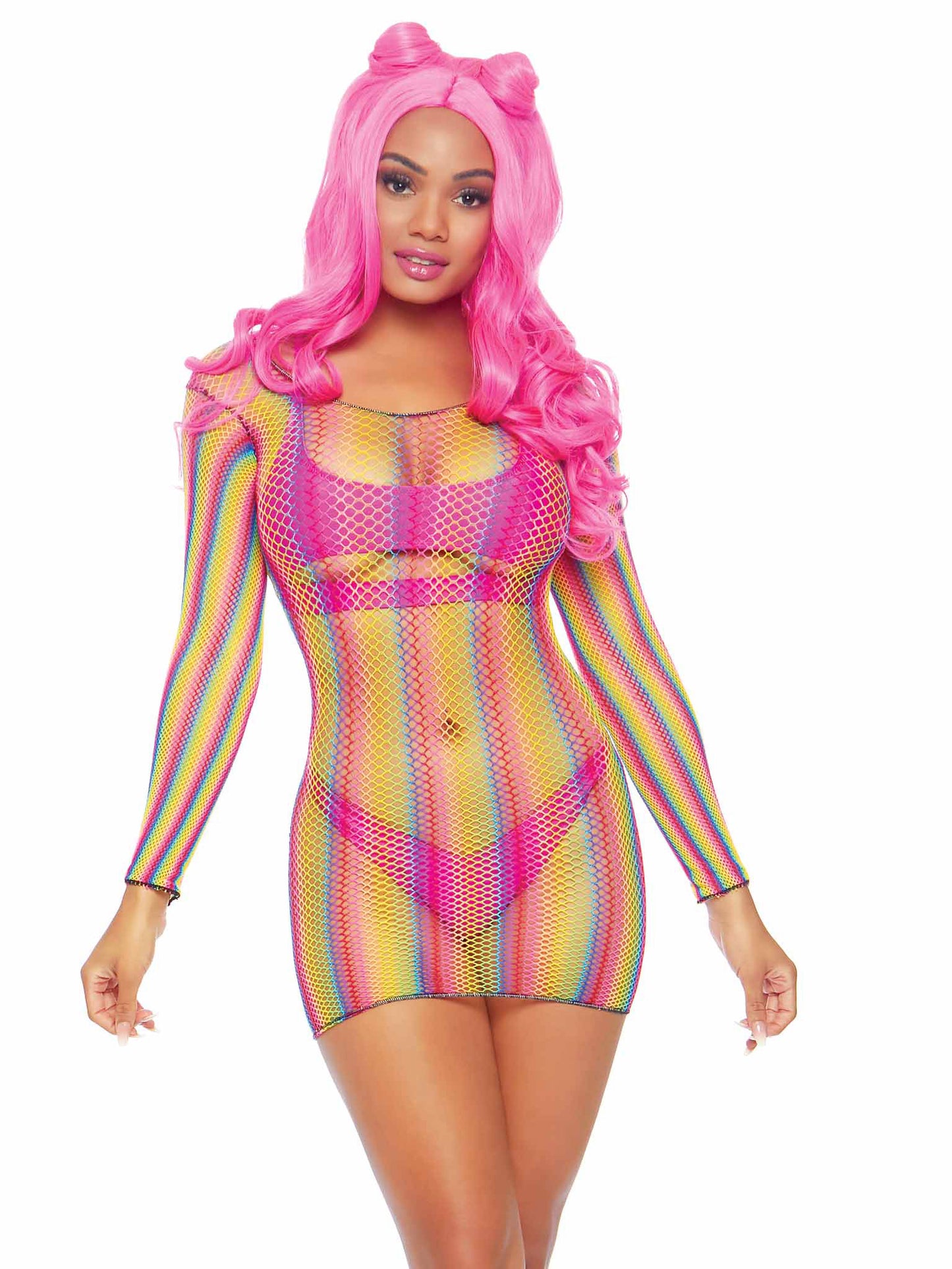 Rainbow Fishnet Long Sleeved Mini Dress - One Size - Rainbow