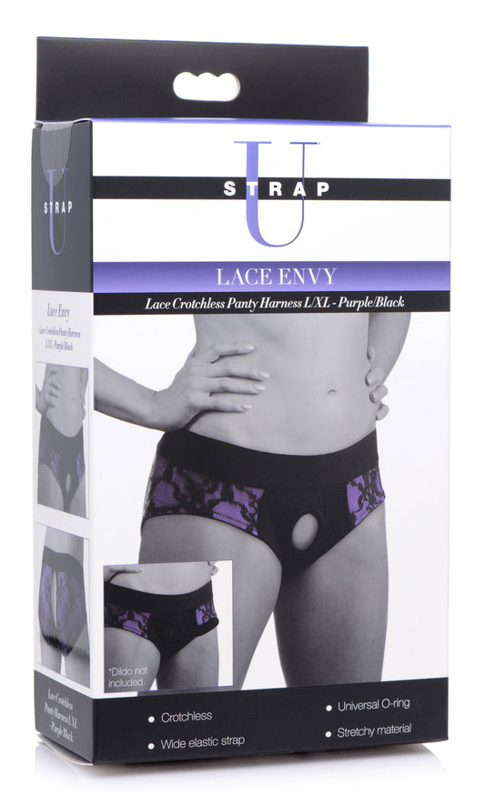 Lace Envy Crotchless Panty Harness - Black and Purple